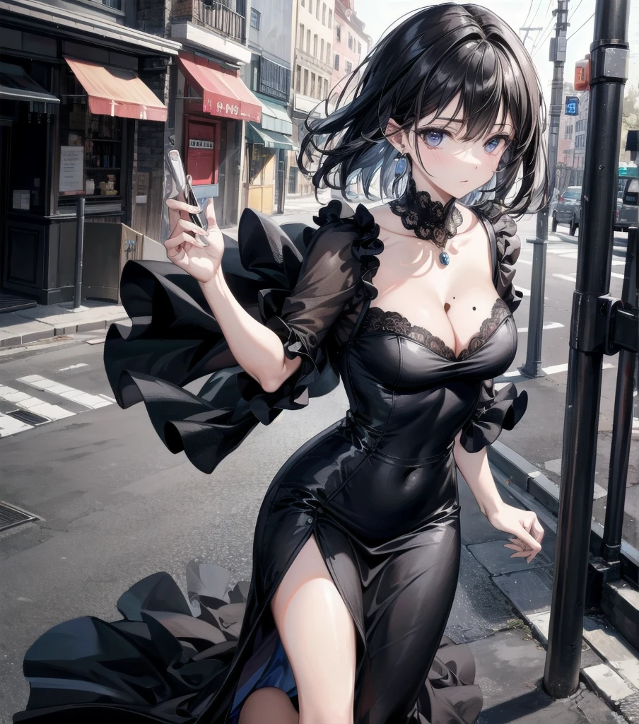 full body, photorealistic, solo, alone, delicate facial features, medium tits, medium hair, black hair, tearful mole, earring, dress, cleavage, street,