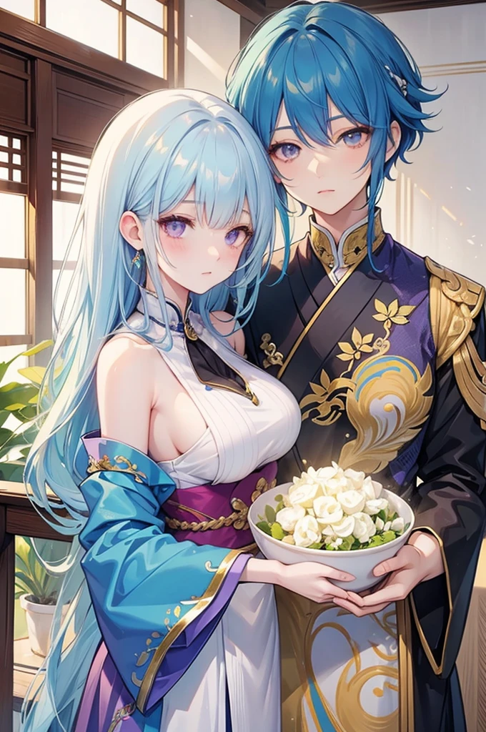 Yellow and light blue two-tone hair, purple eyes, Oriental-style clothes, Breasted women, E Cup, Yeouibong Peak, Balaur