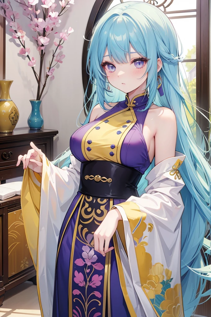 Yellow and light blue two-tone hair, purple eyes, Oriental-style clothes, Breasted women, E Cup, Yeouibong Peak, Balaur