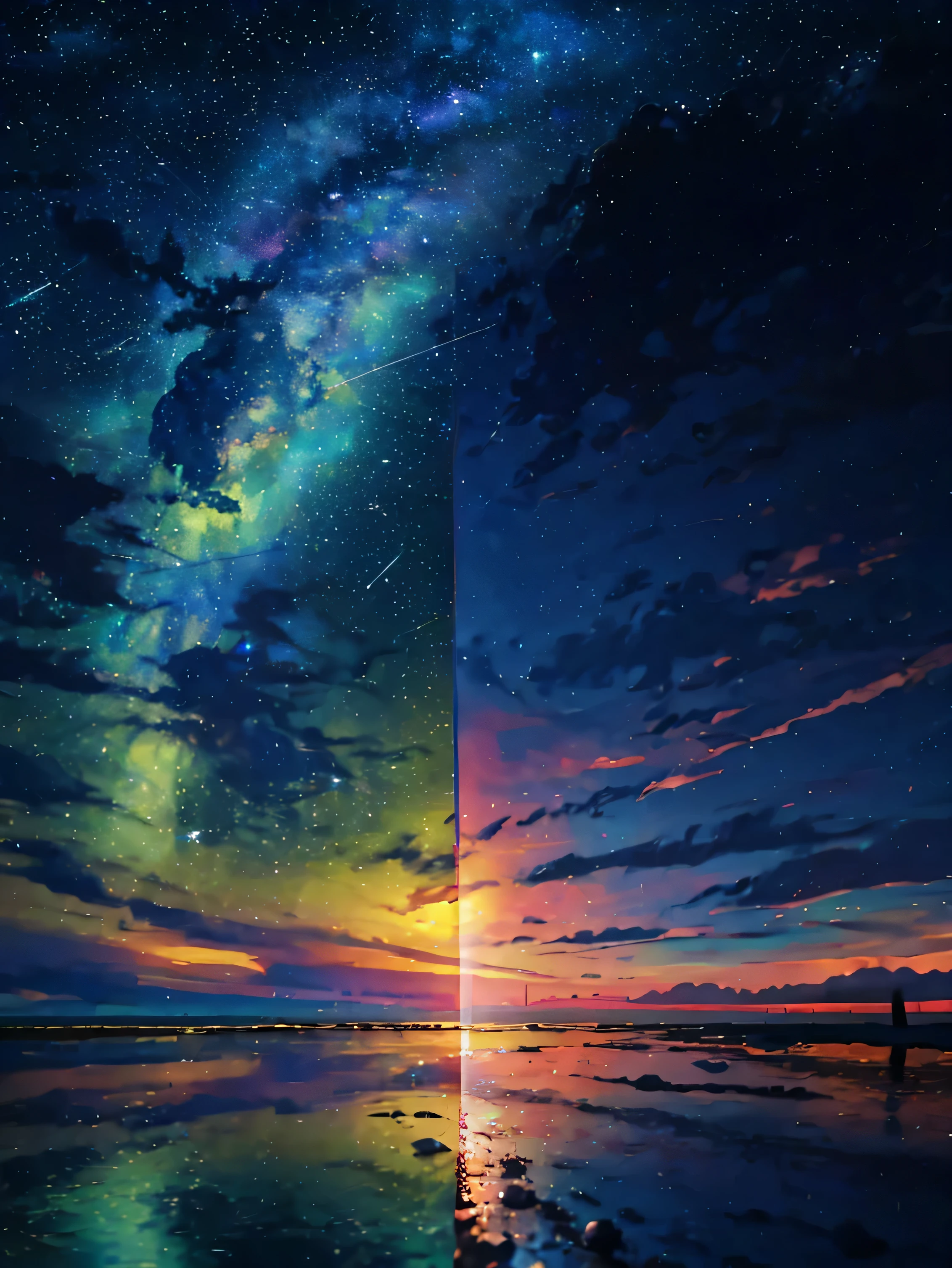 (zoom:1.1), (meteor shower:1.2), (comet:1.1), low angle, arora borealis, shooting star, top quality, masterpiece, clouds, colorful, southeast Asian beach, summer, seascape, small islands