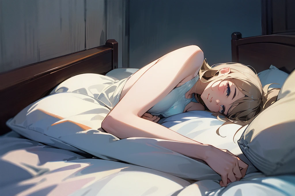 Create a high-quality, detailed image of a beautiful anime girl asleep on her bed. She is wearing a sexy tank top and panties, highlighting her relaxed and peaceful state. She has long blonde hair that cascades over her pillow and bed. The setting is a nerdy room filled with various geeky and gaming paraphernalia, including posters, action figures, and gaming consoles.

The room is softly lit by the glow of a TV in the background, which is turned on, casting a gentle, ambient light. Outside the window, it is clearly night time, with a dark sky and faint moonlight filtering in. The overall scene should exude a serene, cozy atmosphere, capturing the quiet, intimate moment of the girl asleep in her nerdy sanctuary.