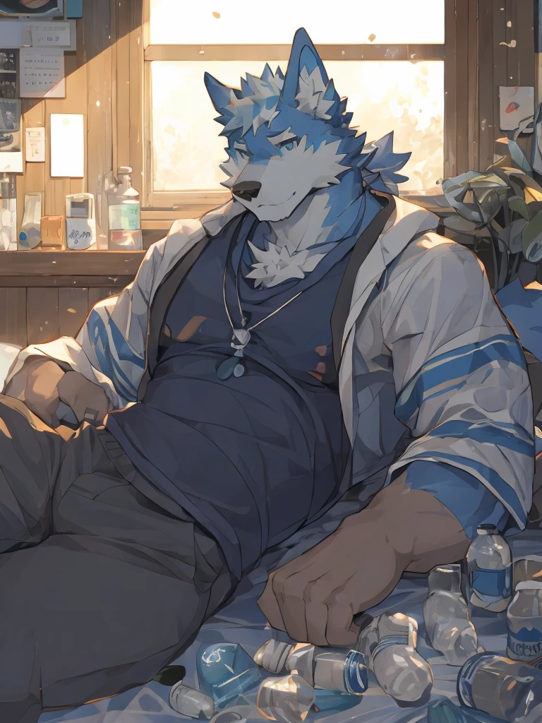 （masterpiece），（best quality），（Ultra-clear picture quality），In a cozy little house，Muscular body, Blue and white fur, Lying in bed, windowsill background,head tilted to one side, sunny, Delicate blue pupils，Wearing grey house clothes, Wolf furry character，There are several empty medicine bottles scattered on the bed