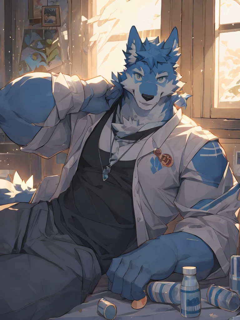 （masterpiece），（best quality），（Ultra-clear picture quality），In a cozy little house，Muscular body, Blue fur, Lying in bed, windowsill background,head tilted to one side, sunny, Wearing grey house clothes, Wolf furry character，There are several empty medicine bottles scattered on the bed