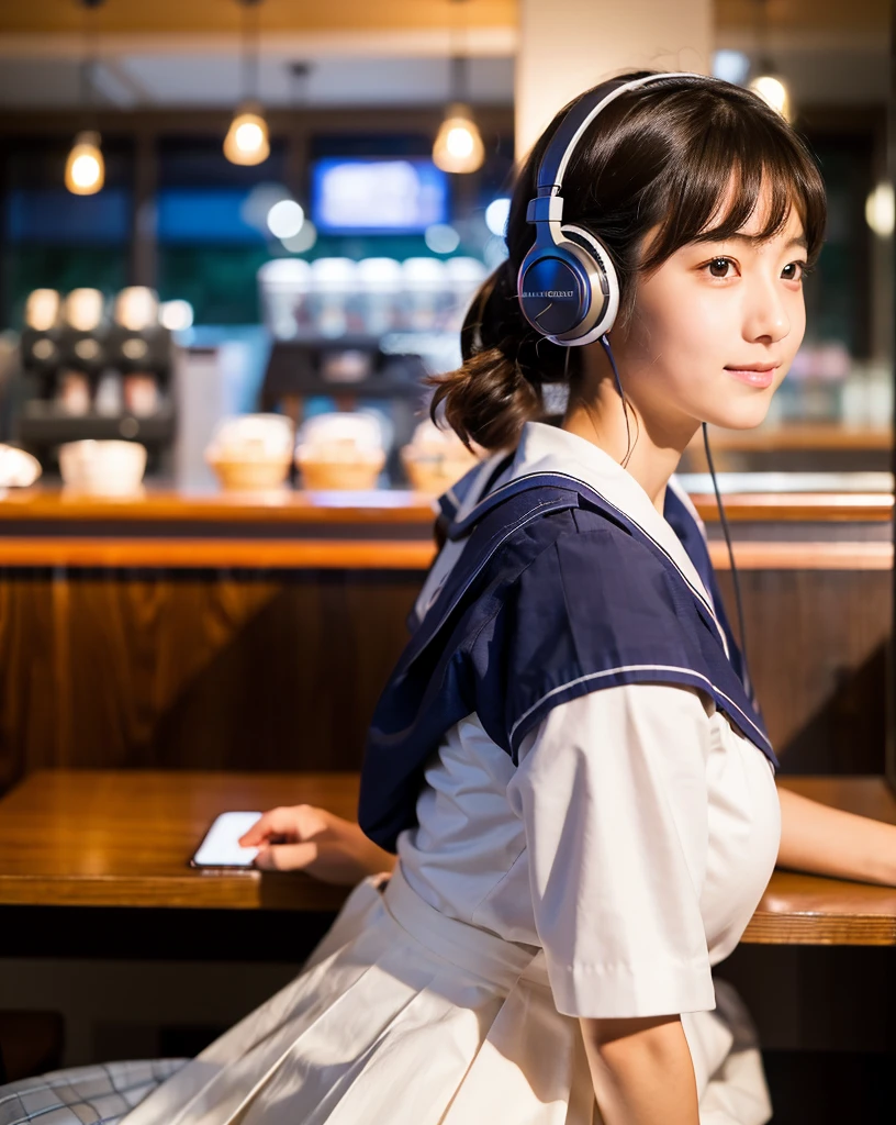 Ultra HD、128ｋ、masterpiece、A beautiful  girl in a sailor suit studying in a coffee shop while listening to music on headphones、clavicle, RAW Photo、pretty girl、Hands on headphones, Warm lighting、Beautiful night view、Japanese anime style、Big Breasts, Looking at this