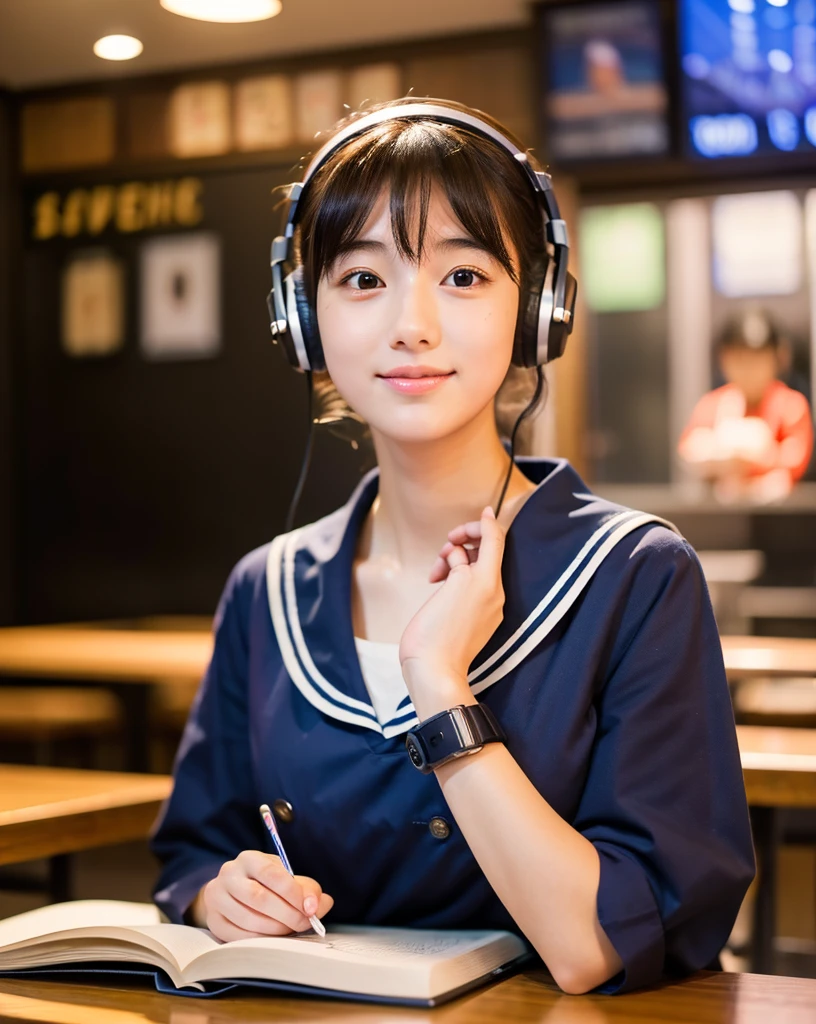 Ultra HD、128k、masterpiece、A beautiful girl in a sailor suit studying in a coffee shop while listening to music on headphones、clavicle, RAW Photo、pretty girl、Hands on headphones, Warm lighting、Beautiful night view、Japanese anime style、Big Breasts, Looking at this