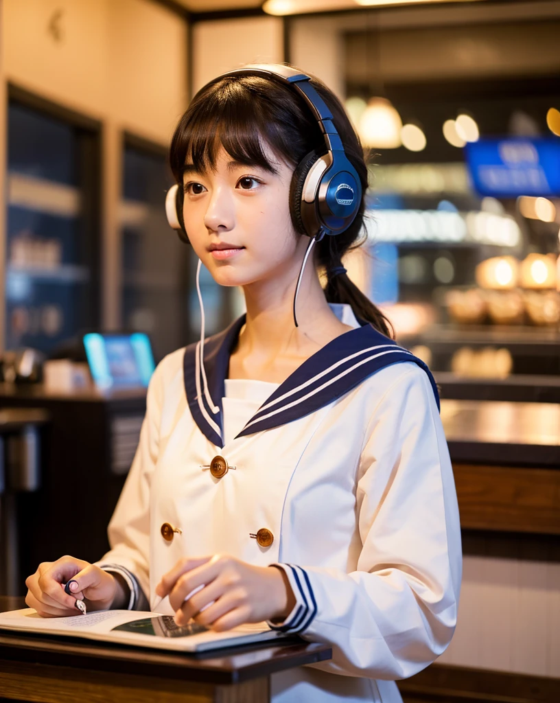Ultra HD、128k、masterpiece、A beautiful elementary school girl in a sailor suit studying in a coffee shop while listening to music on headphones、clavicle, RAW Photo、pretty girl、Hands on headphones, Warm lighting、Beautiful night view、Japanese anime style、Big Breasts, Looking at this