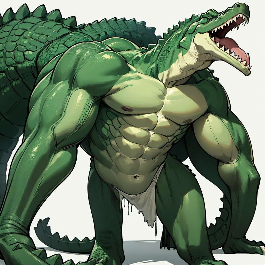 ((((No humans)))), reptiles, Humanity, Crocodile, green body, scale, There is nothing there, Crocodilian, facial, Muscular, green scale、Irritated、(White background)、Sleeping on the ground、Fall down