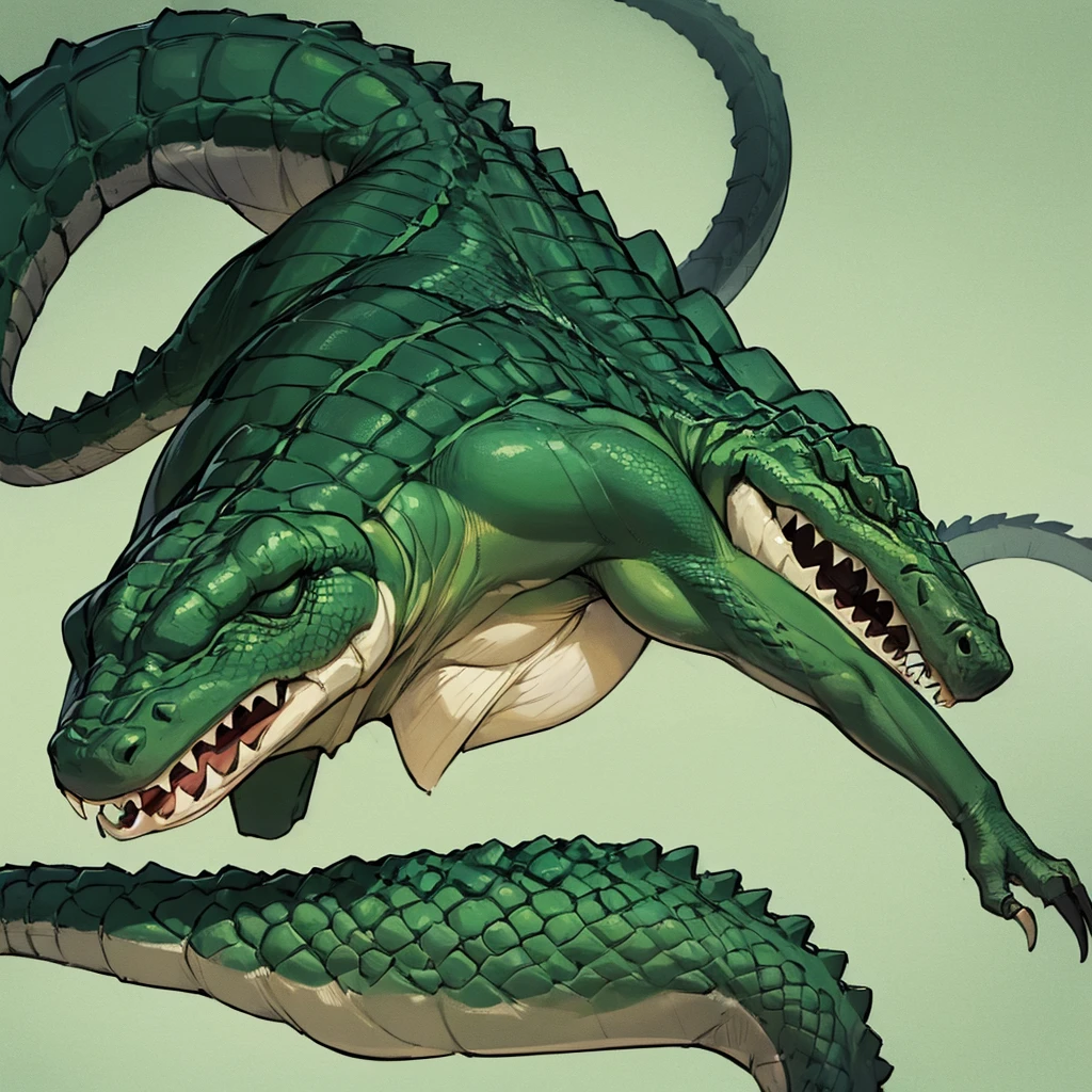 ((((No humans)))), reptiles, Humanity, Crocodile, green body, scale, There is nothing there, Crocodilian, facial, Muscular, green scale、Irritated、(White background)、Sleeping on the ground、Fall down