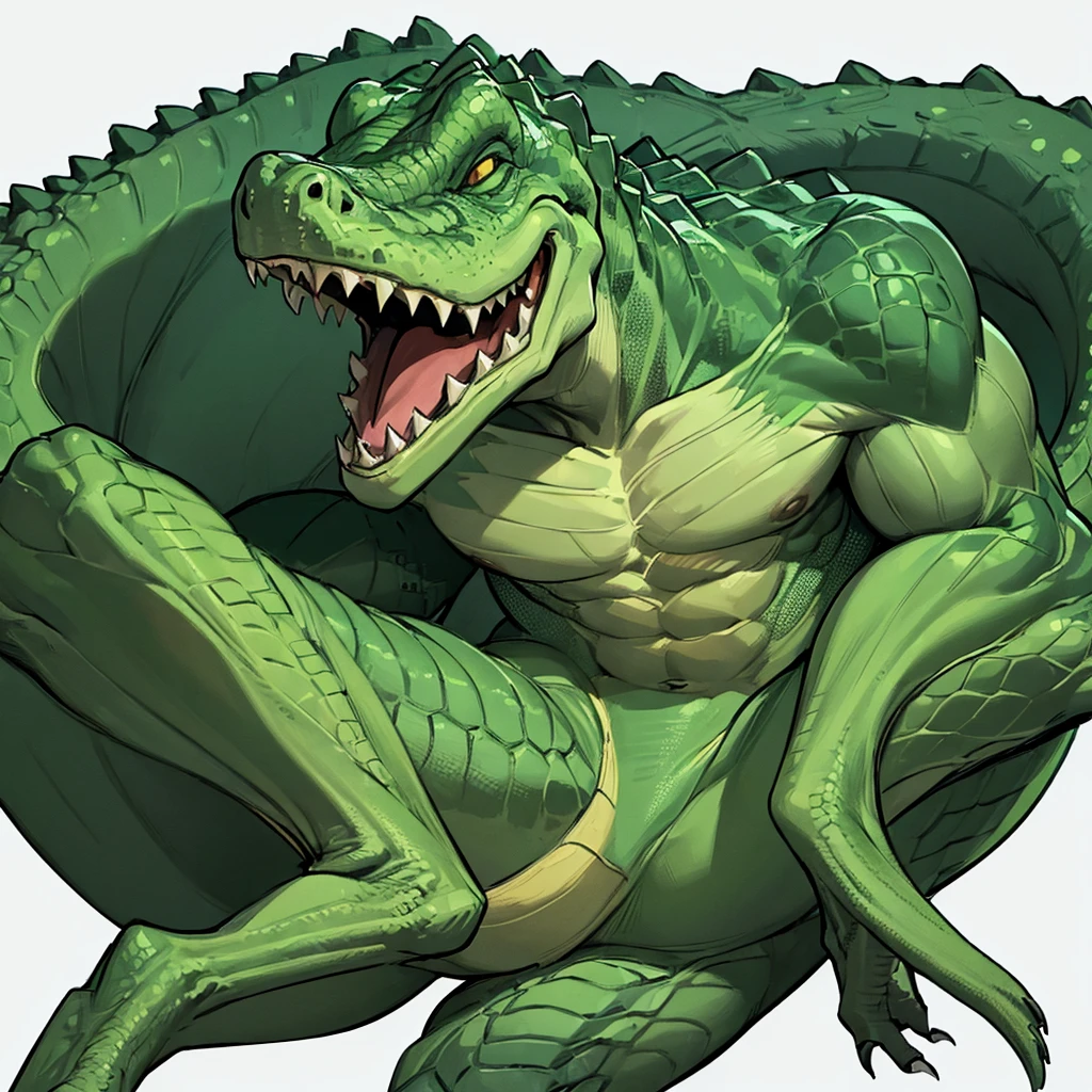 ((((No humans)))), reptiles, Humanity, Crocodile, green body, scale, There is nothing there, Crocodilian, facial, Muscular, green scale、Irritated、(White background)、Sleeping on the ground、Fall down
