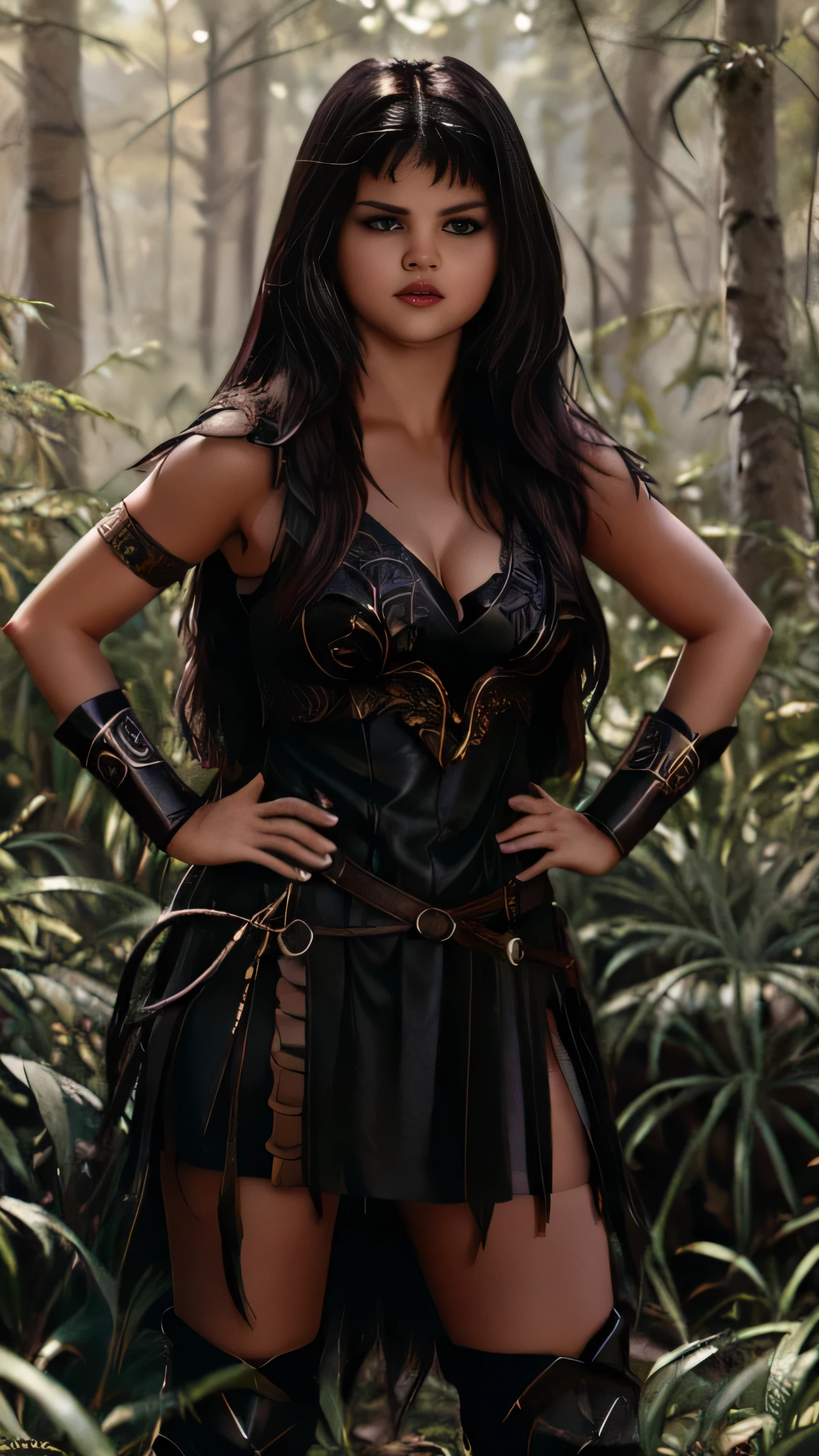 (Selena Gomez) as Xena, warrior princess, black long hair, bangs, dark brown armor, standing, in the forest, 1woman, solo, full body view, front view, looking at viewer, intricate, high detail, sharp focus, dramatic, photorealistic painting art by greg rutkowski