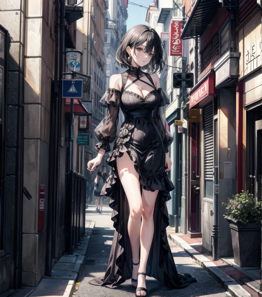 full body, photorealistic, solo, alone, delicate facial features, medium tits, medium hair, black hair, tearful mole, earring, dress, cleavage, street,