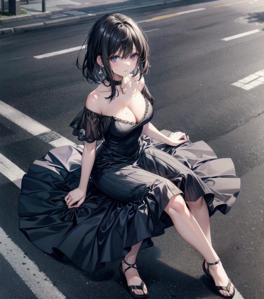 full body, photorealistic, solo, alone, delicate facial features, medium tits, medium hair, black hair, tearful mole, earring, dress, cleavage, street,