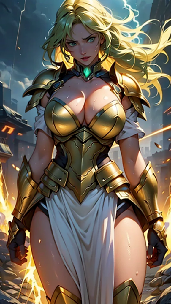 Highest image quality，Outstanding details，Ultra-high resolution，4K image, assembly, best quality, masterpiece, movie lighting ，Sexy，Huge breasts，cleavage，action，In battle，light beam from hand，Golden lightning surrounds，Long green hair，Green eyes，Lipstick，Gold armor，There are cracks on the armoghting hard，Sweat，anger