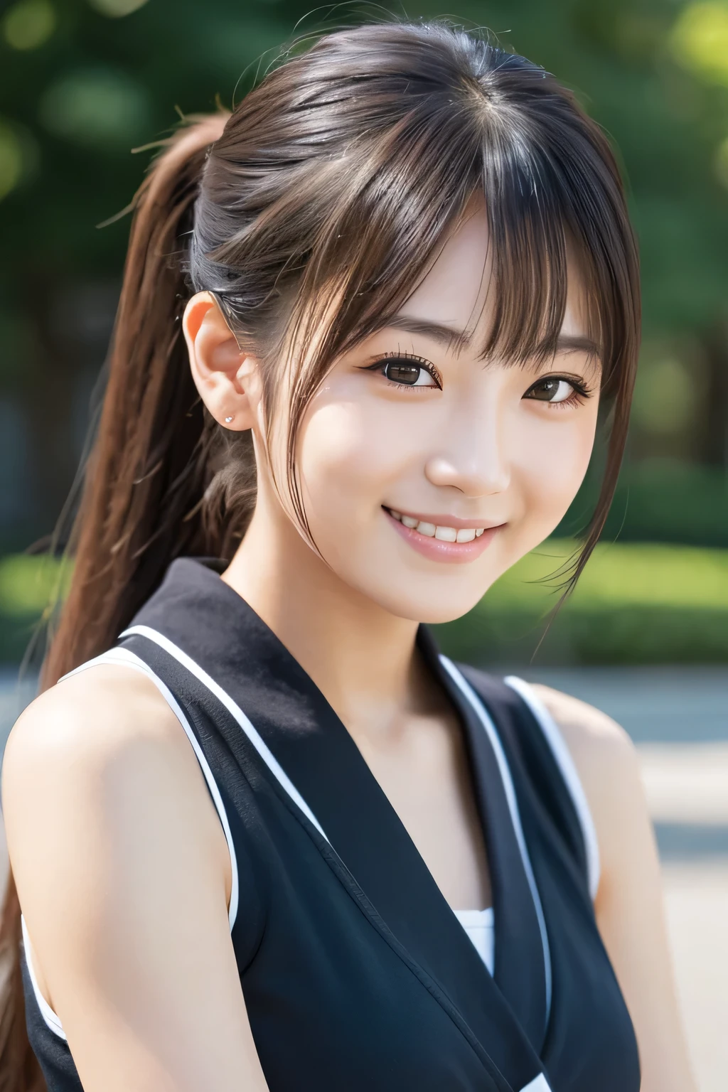 Sleeveless, ponytail, Japanese Girls, 8K, Legal Photography, Highest quality, masterpiece, Realistic, Photorealistic and highly detailed, One Girl, cute, smile, Beautiful Eyes, Long Hair, Perfect Face,A face like a Japanese idol,