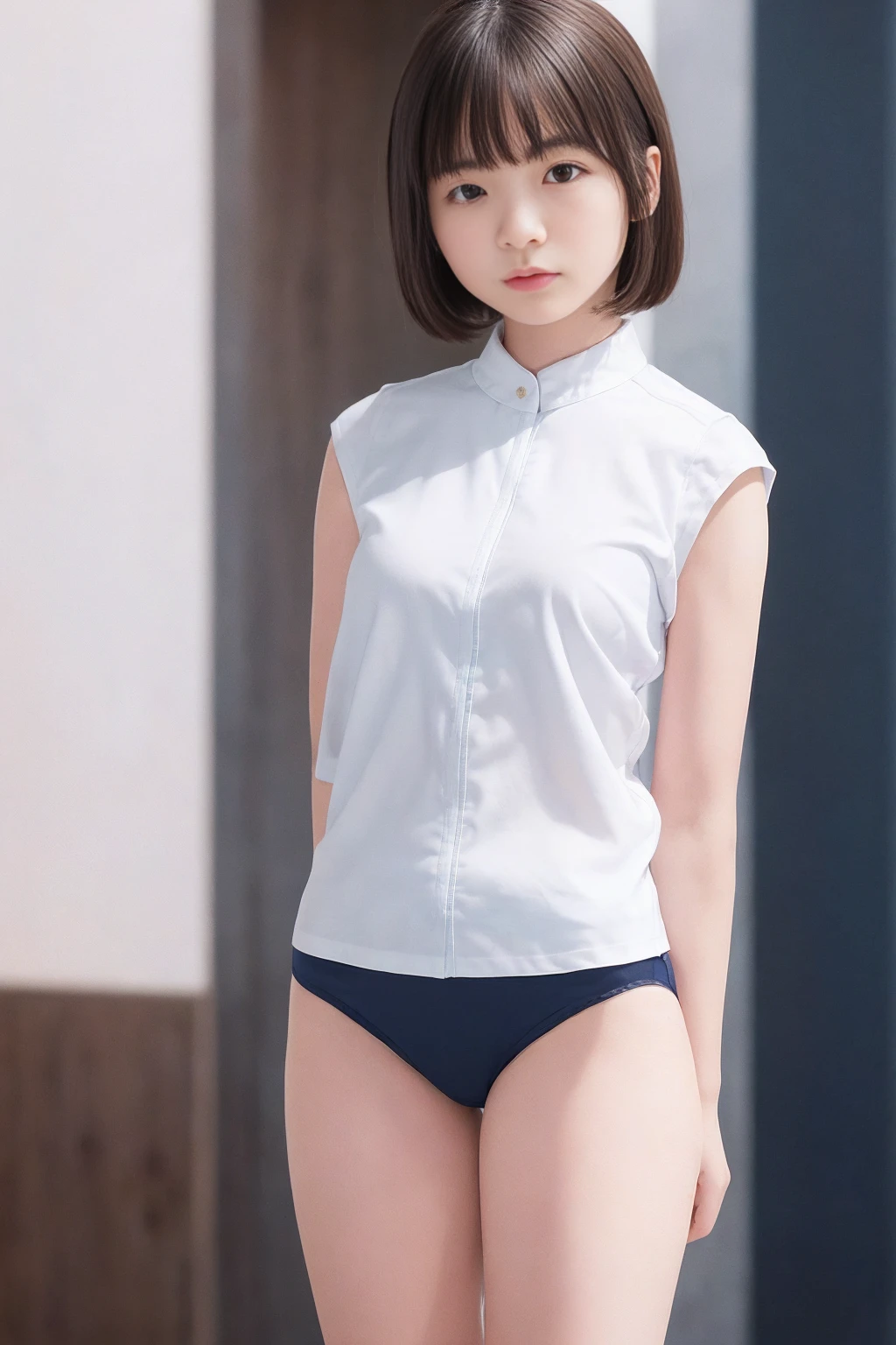 Picture taken from the front, with the left and right sides equally spaced, draw symmetrically, simple background, equally spaced left and right, stand upright, cowboy shot, (arms behind back:1.5), One girl, 18 years old, very short hair, ((white shirt, navy blue panties))