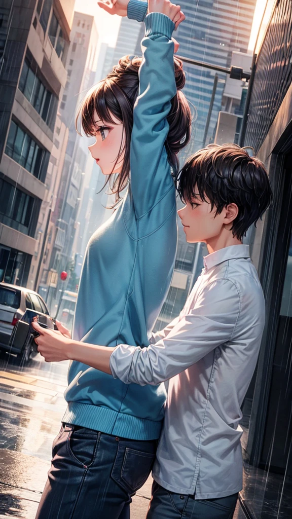 A girl and a boy dancing i the rain