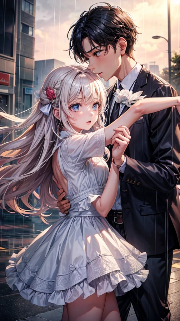 A girl and a boy dancing i the rain