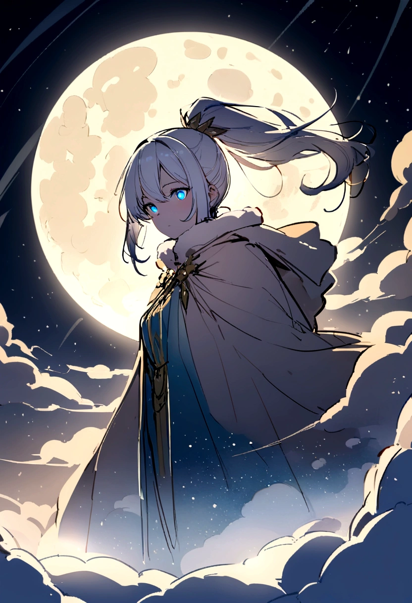 masterpiece, (best quality: 1.2), (very good: 1.2), illustration, (Extremely refined: 1.2), Film Angle, floating, (Beautiful eye for detail: 1.1), (Detail Light: 1.1), lamp, Exquisite sky, Miss, White hair, blue eyes, (High Ponytail: 1.1), cloak, Glowing eyes, (moon: 1.2), (moonlight: 1.1), Starry Sky, (Light Particles: 1.1), FOG , Snow Painting, sketch, Bloom--Automatic