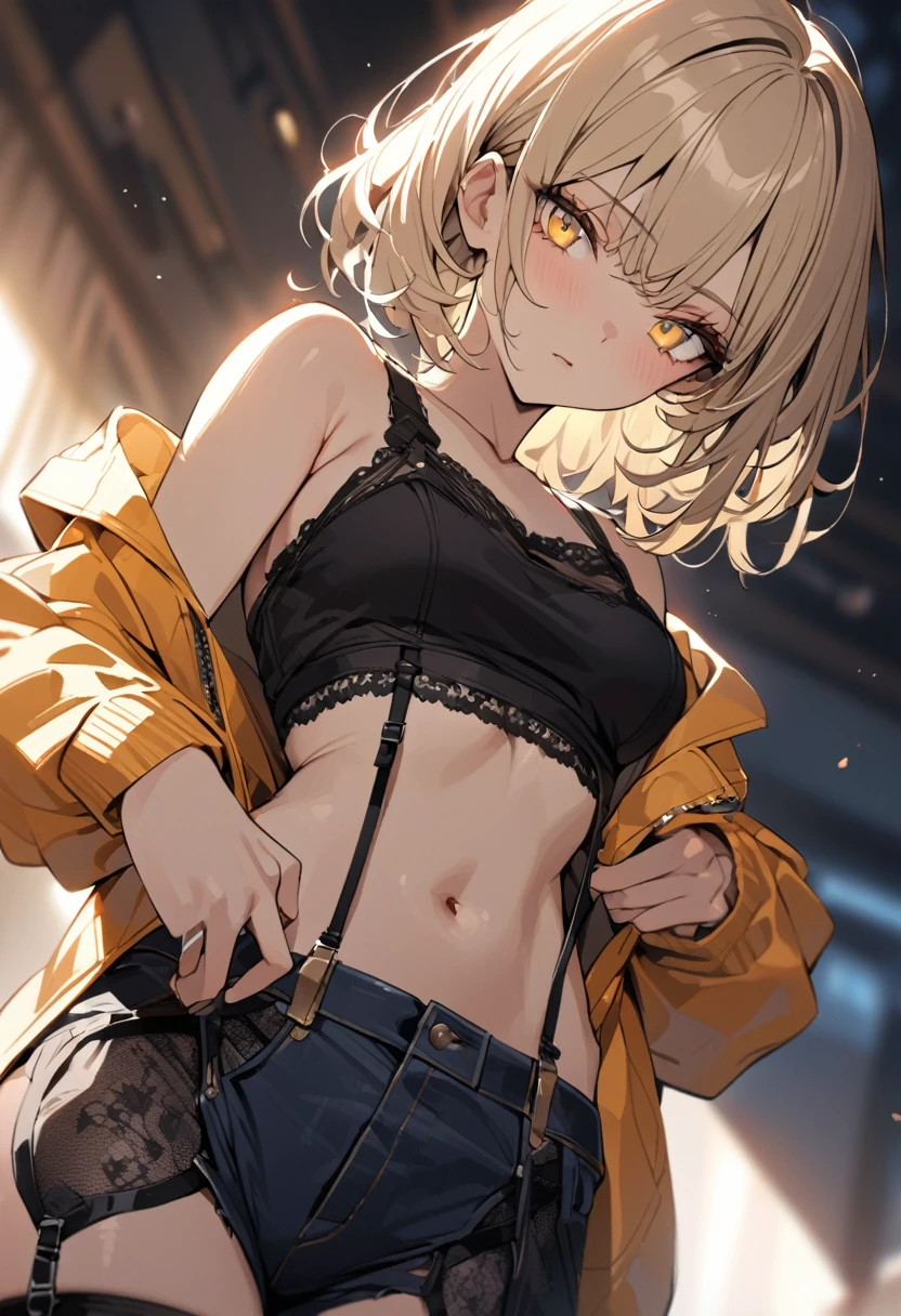 a handsome girl, solo, blond hair, yellow eyes, bright eyes, bangs,
”hood jacket”, tank top, navel,
off shoulder, bare shoulders, open jacket, black denim pants, garter belt,
expressionless,
blurry background, perfect lighting, perfect angle, masterpiece, best quality, extremely detailed face, extremely detailed,