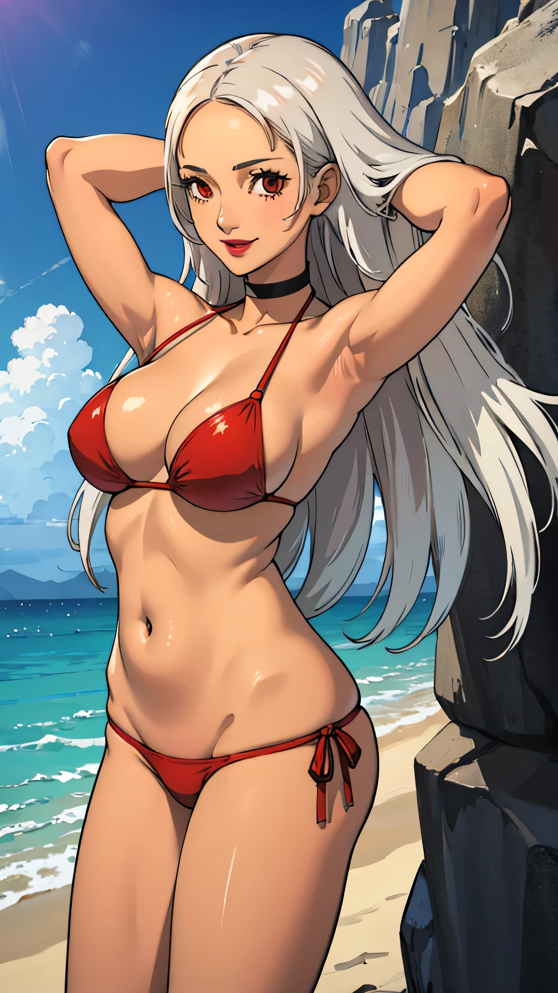 1 girl, milf, Red eyes, long hair, black choker, lipstick, smile, white hair, medium breast, cowboy shot , wheatskin, bikini, belly, forehead, thicc legs, beach background, armpits, arms up