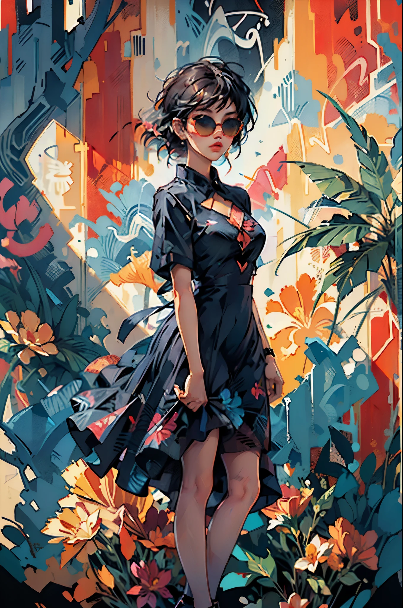 a woman in a navy blue dress standing in front of flowers, ((Art style by Patrick Nagel)), ((8k, wallpaper, detailed)), dark sunglasses, korean popstar, short black hair, pretty hands, fringe, simple red background, palm trees, (graffiti wall:1.2), strong, courageous, art by Patrick Nagel