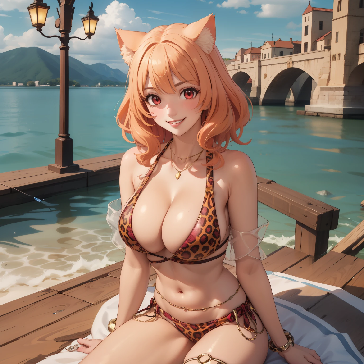 35 year old woman orange hair , cat ears , red eyes like rubies, clear skin, flirtatious smile, big breasts, yellow leopard bikini , smile showing teeth, standing in a crystal clear lake. 1 single woman, alone girl.