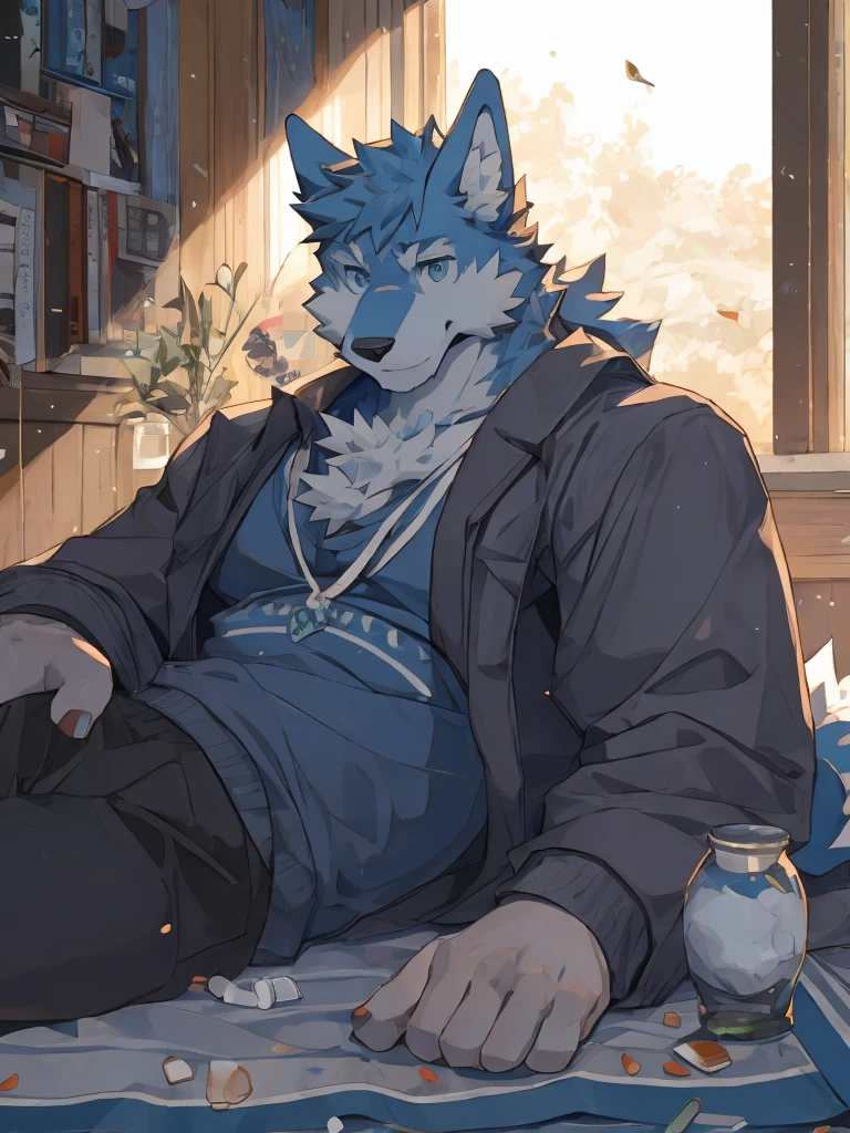 （masterpiece），（best quality），（Ultra-clear picture quality），In a cozy little house，Muscular body, Blue fur, Lying in bed, windowsill background,head tilted to one side, sunny, Wearing grey house clothes, Wolf furry character，There are several empty medicine bottles tered on the bed