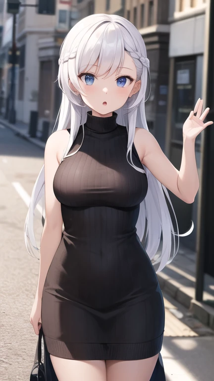 masterpiece, best quality, highres, aabelfast, long hair, french braid, white hair, sweater dress, ribbed sweater, sleeveless, standing, cowboy shot, street, :o