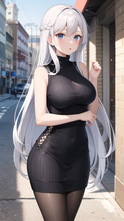 masterpiece, best quality, highres, aabelfast, long hair, french braid, white hair, sweater dress, ribbed sweater, sleeveless, standing, cowboy shot, street, :o