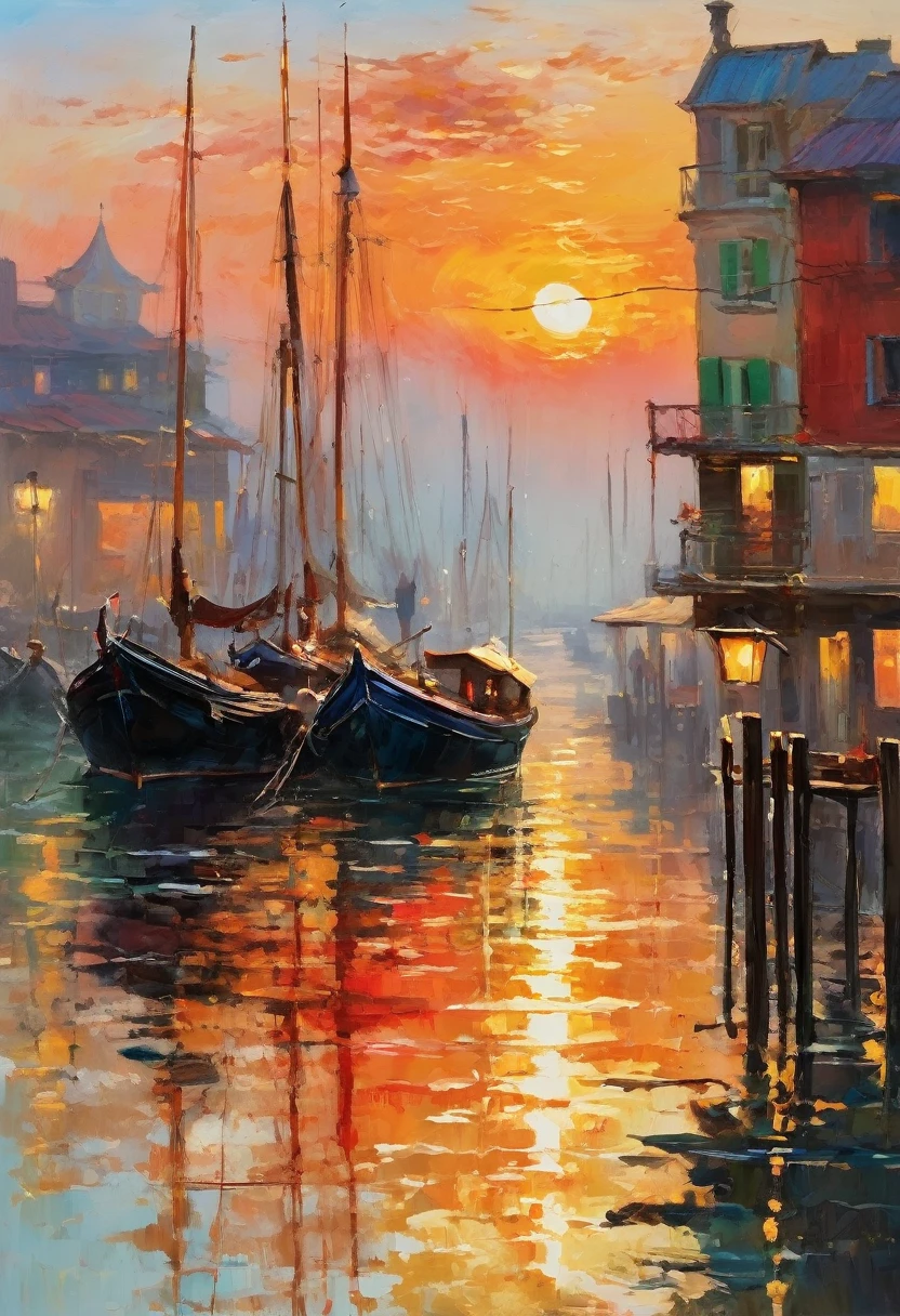 Cozy rooms, 壁に大きなOil, Painter of Light, Monet's paintings, Impressionist painting, Oil, Harbour sunrise scenery, The sea is depicted boldly, Improvised brush strokes、Distant view of the harbor, Completely shrouded in fog, Accented with the rising red sun, The soft colors and gentle brushstrokes create a calming atmosphere..。The focus of the image is on the impression、The painting itself is a masterpiece、Perfect Sentence、Bold brushstrokes、Impressionist feeling, The mysterious beauty of that moment, The wall on which the painting hangs is decorated with elegant frames..、Enhances overall aesthetic appeal。Warm lighting、The elegant combination of rooms creates an enchanting atmosphere.、The viewer is able to immerse themselves in the serenity and beauty of the depicted moment.。.。The image is、Truly capture the essence of the painting and its surroundings、Highest quality with high resolution and ultra-detailed rendering。The art style is、Emphasis on realistic and photorealistic expression、伝統的なOilの技法を反映。The color is warm and attractive、Highlight the rich colors of a sunset、Brings warm light to the room。Lighting、Make your drawings stand out、Add depth and dimension to the entire scene。