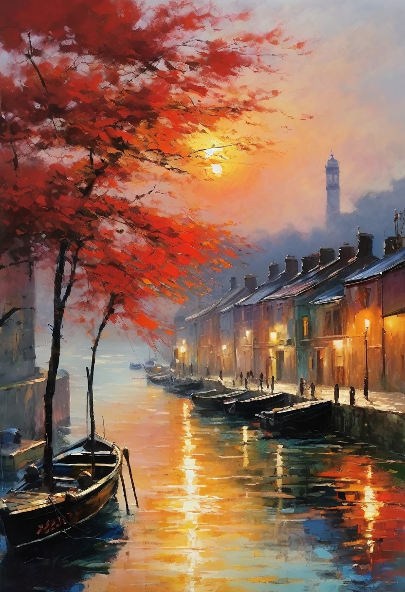Cozy rooms, 壁に大きなOil, Painter of Light, Monet's paintings, Impressionist painting, Oil, Harbour sunrise scenery, The sea is depicted boldly, Improvised brush strokes、Distant view of the harbor, Completely shrouded in fog, Accented with the rising red sun, The soft colors and gentle brushstrokes create a calming atmosphere..。The focus of the image is on the impression、The painting itself is a masterpiece、Perfect Sentence、Bold brushstrokes、Impressionist feeling, The mysterious beauty of that moment, The wall on which the painting hangs is decorated with elegant frames..、Enhances overall aesthetic appeal。Warm lighting、The elegant combination of rooms creates an enchanting atmosphere.、The viewer is able to immerse themselves in the serenity and beauty of the depicted moment.。.。The image is、Truly capture the essence of the painting and its surroundings、Highest quality with high resolution and ultra-detailed rendering。The art style is、Emphasis on realistic and photorealistic expression、伝統的なOilの技法を反映。The color is warm and attractive、Highlight the rich colors of a sunset、Brings warm light to the room。Lighting、Make your drawings stand out、Add depth and dimension to the entire scene。