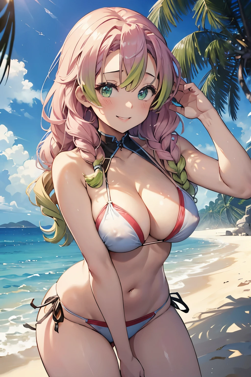 (8K、masterpiece、Highly detailed background、high resolution)、(Mitsuri Kanroji)、Cleavage、(beach、White Bikini、Swim ring、Gravure pose、Embarrassed smile、Nipple protrusion)