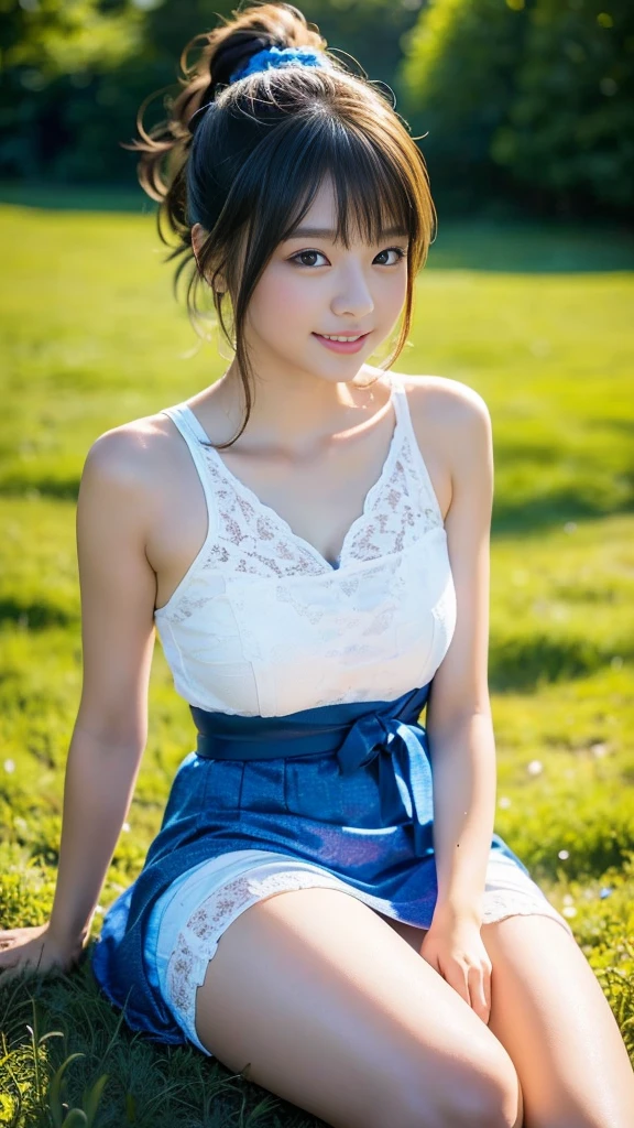 masterpiece, Highest quality,16K, Ultra-high resolution,The light and shadow of reality,Cinema Lenses,(Very skinny),(Very firm and beautifully shaped breasts),((Her skin is as white and beautiful as snow)),((Very slim and pure white beautiful thighs)),((Her waist is so slim and beautiful)),((She has outstanding style)),(Pure white beautiful skin),((Large, clear, beautiful eyes)),((Her face is very small and beautiful)),((Cute Japanese Girls)),((She is wearing a bright blue lace miniskirt dress.)),((Her ponytail is tied with a light blue scrunchie)),((Sitting in a beautiful meadow)),(Sexy pose),(Beautiful Eyes:1.1),Reflecting clear eyes and a gentle smile,