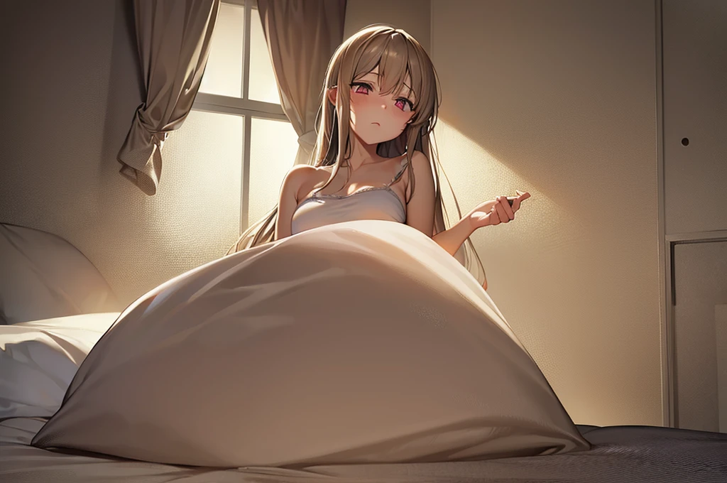 Surprised expression, Big Eyes, The open mouth does not block, Cover your mouth with your open hand, girl, Oversized dress shirt, White shirt, Buttons are pressed wrong, Cutting seat, On the bed, barefoot, Small breasts, You can see through the shirt, Bedhead, Ahoge, blush, Surprise Effect, 