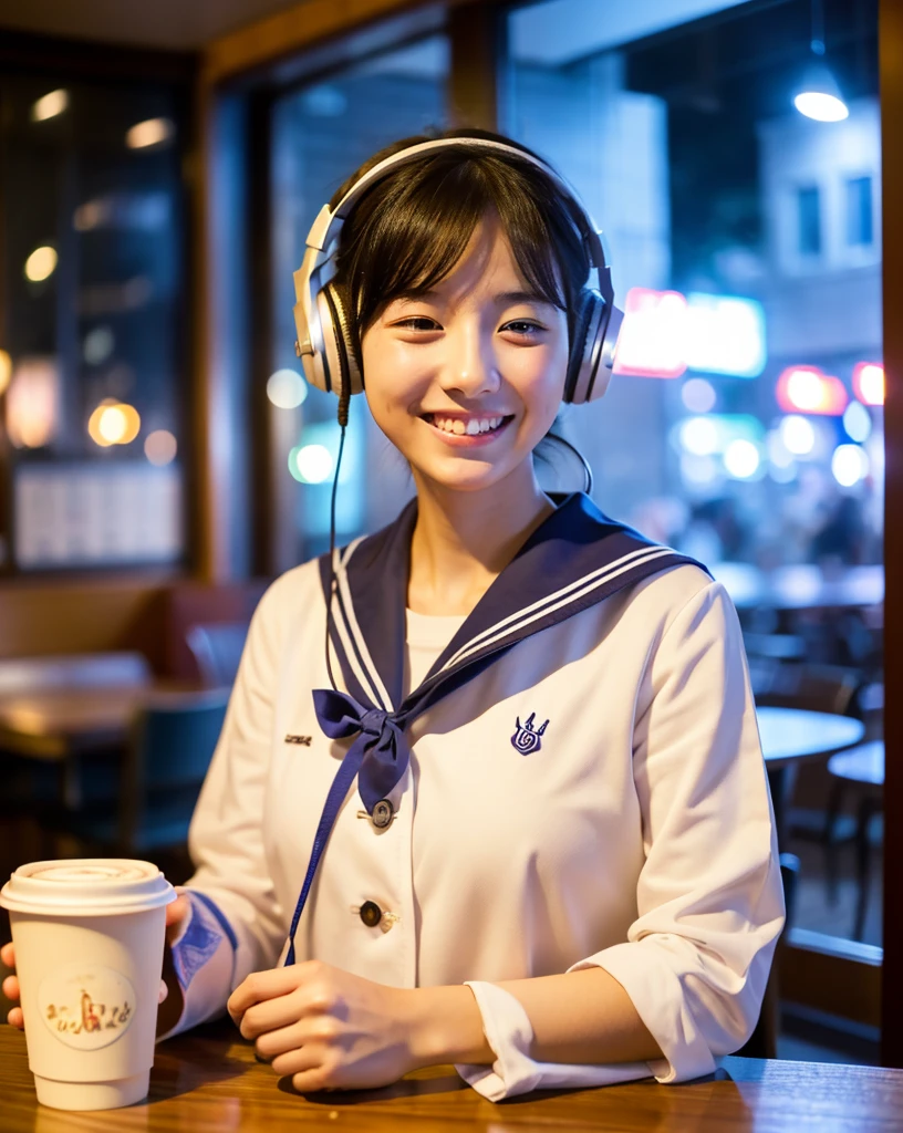 Ultra HD、128k、masterpiece、A beautiful elementary school girl in a sailor suit studying in a coffee shop while listening to music on headphones、clavicle, RAW Photo、pretty girl、Hands on headphones, Warm lighting、Beautiful night view、Japanese anime style、Big Breasts, Looking at this, smile, Smile