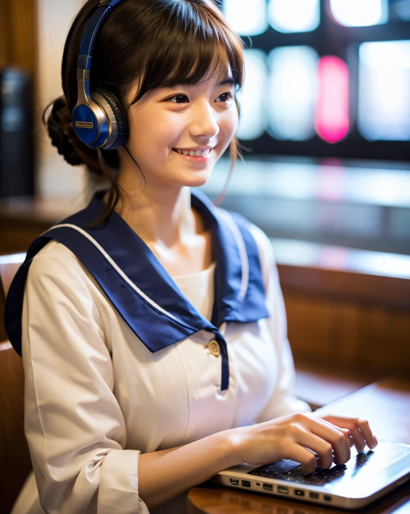 Ultra HD、128ｋ、masterpiece、A beautiful elementary school girl in a sailor suit studying in a coffee shop while listening to music on headphones、clavicle, RAW Photo、pretty girl、Hands on headphones, Warm lighting、Beautiful night view、Japanese anime style、Big Breasts, Looking at this, smile, Smile