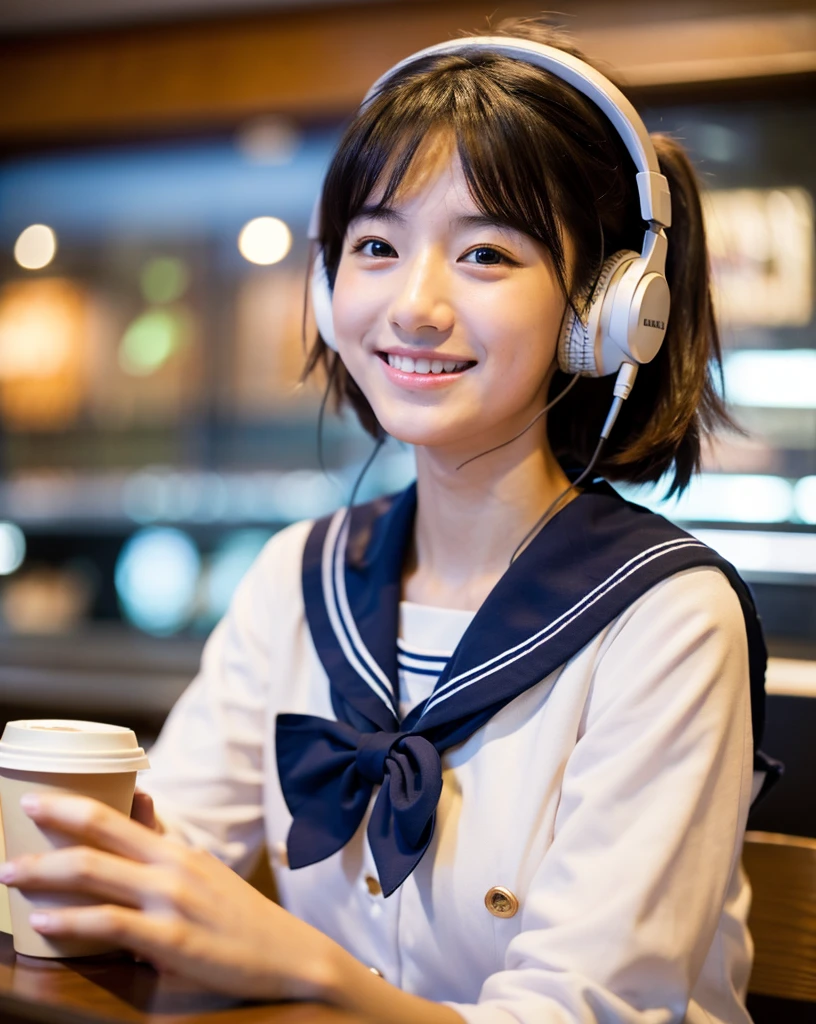 Ultra HD、128k、masterpiece、A beautiful elementary school girl in a sailor suit studying in a coffee shop while listening to music on headphones、clavicle, RAW Photo、pretty girl、Hands on headphones, Warm lighting、Beautiful night view、Japanese anime style、Big Breasts, Looking at this, smile, Smile