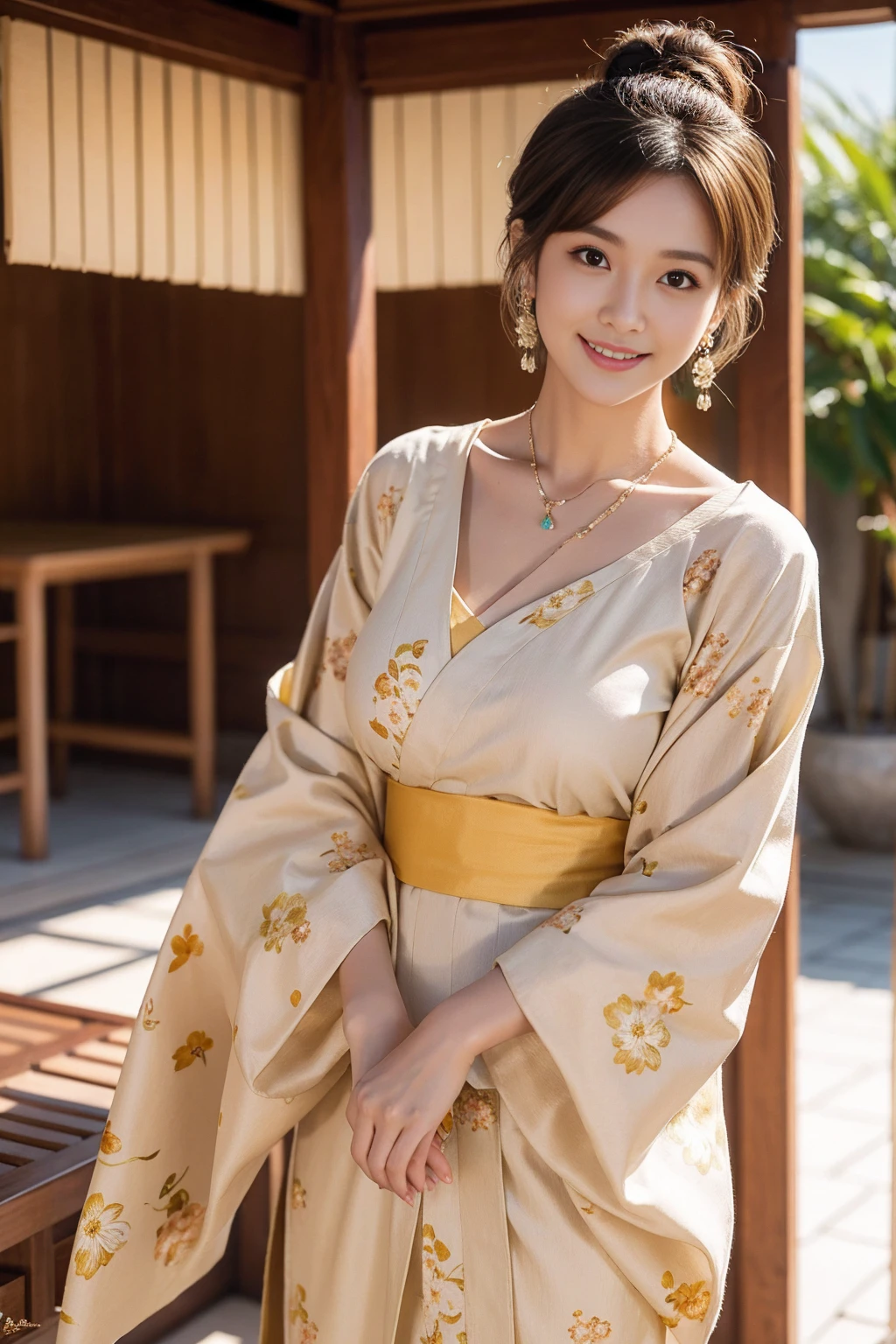 Highest quality,8K, Detailed facial depiction, Detailed description of the eyes,One Woman, Light brown hair(Short Hair),Hair tied up,Beautiful Japanese Girl,24-years-old,Cute eyes,Cute Smile,Yukata beauty,Yukata with yellow floral pattern,Slender body, Large, plump breast size, Long and beautiful legs,Smiling, Colorful earrings,necklace,Are standing,Beautiful nape,Summer festival