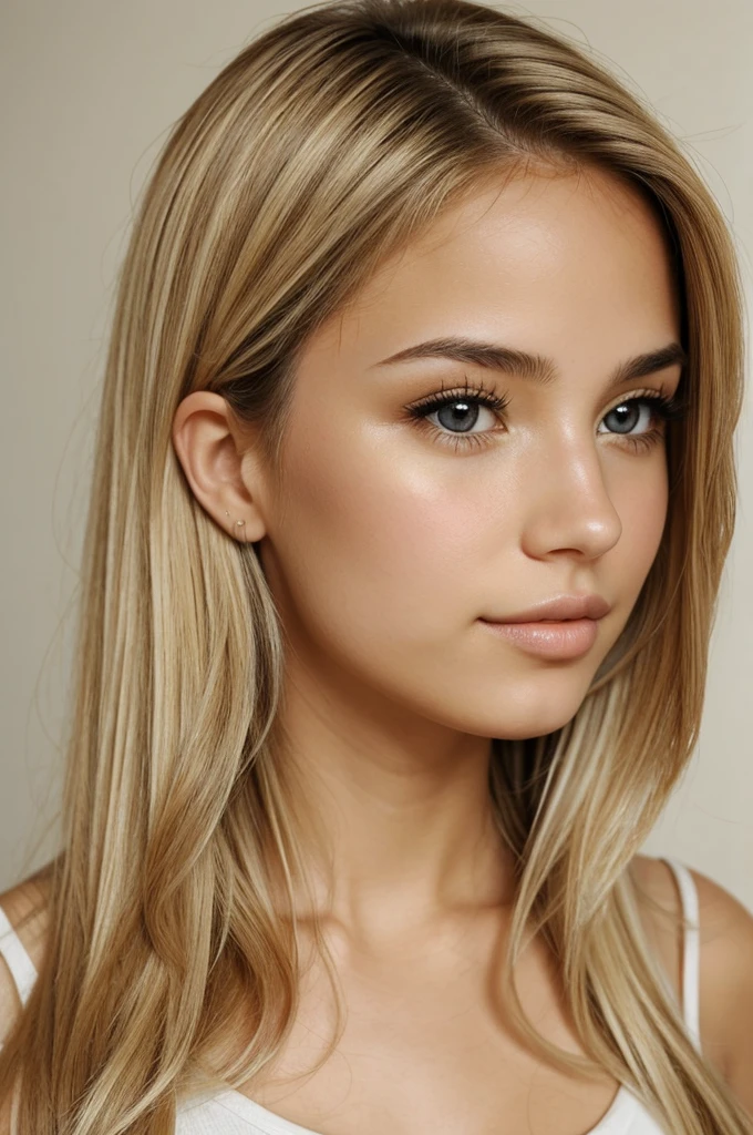 Cute girl with brown eyes profile, blond hair, parts, , perfect nose and big lips