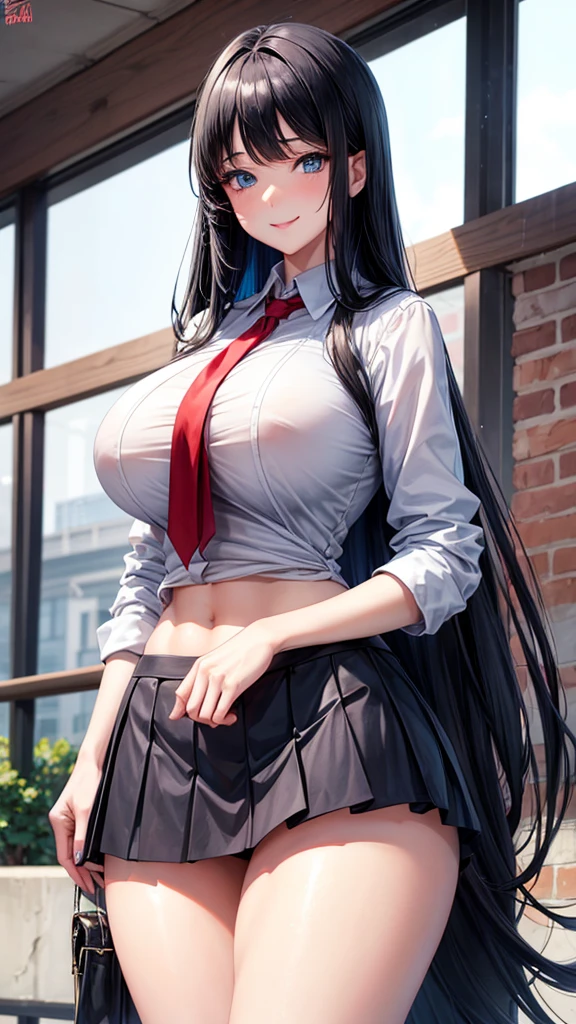 1 mature girl, beautiful face, blue eyes, red cheeks, smile, long straight hair, black hair, long bangs, seky body, colossal tits, overmany, big and droopy, big titietra, wide hips, School uniforms, mini skirt, tight shirt