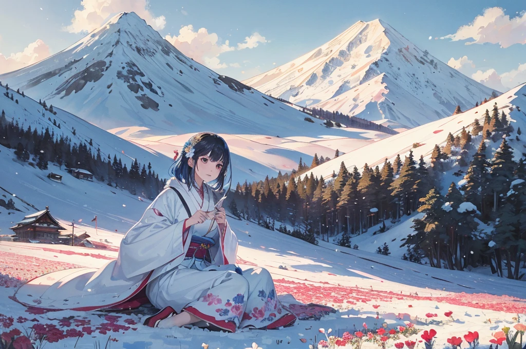 From the flower field、Snow-free Mount Yari in the Japanese Alps is visible、White clouds in blue sky、Flower fields at the foot of the mountain、Beautiful Art UHD 4K, Beautiful artwork illustration, Beautiful digital painting, Highly detailed digital painting, Beautiful digital art, Detailed painting 4k, Highly detailed digital painting, Rich, picturesque colors, Gorgeous digital painting