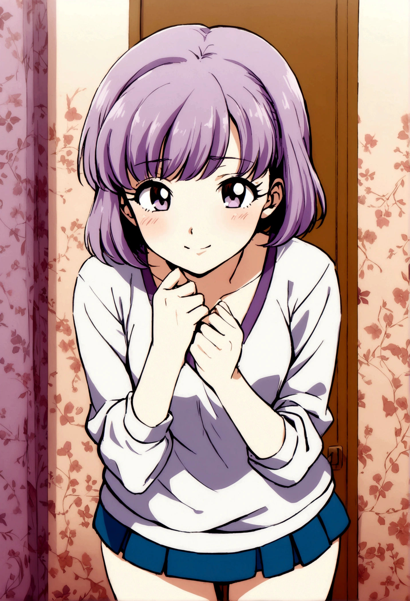 1 girl, Young teenager, retro anime style, lover,short hair ,((purple hair)), shy smile, seductive look, school sweater, short skirt