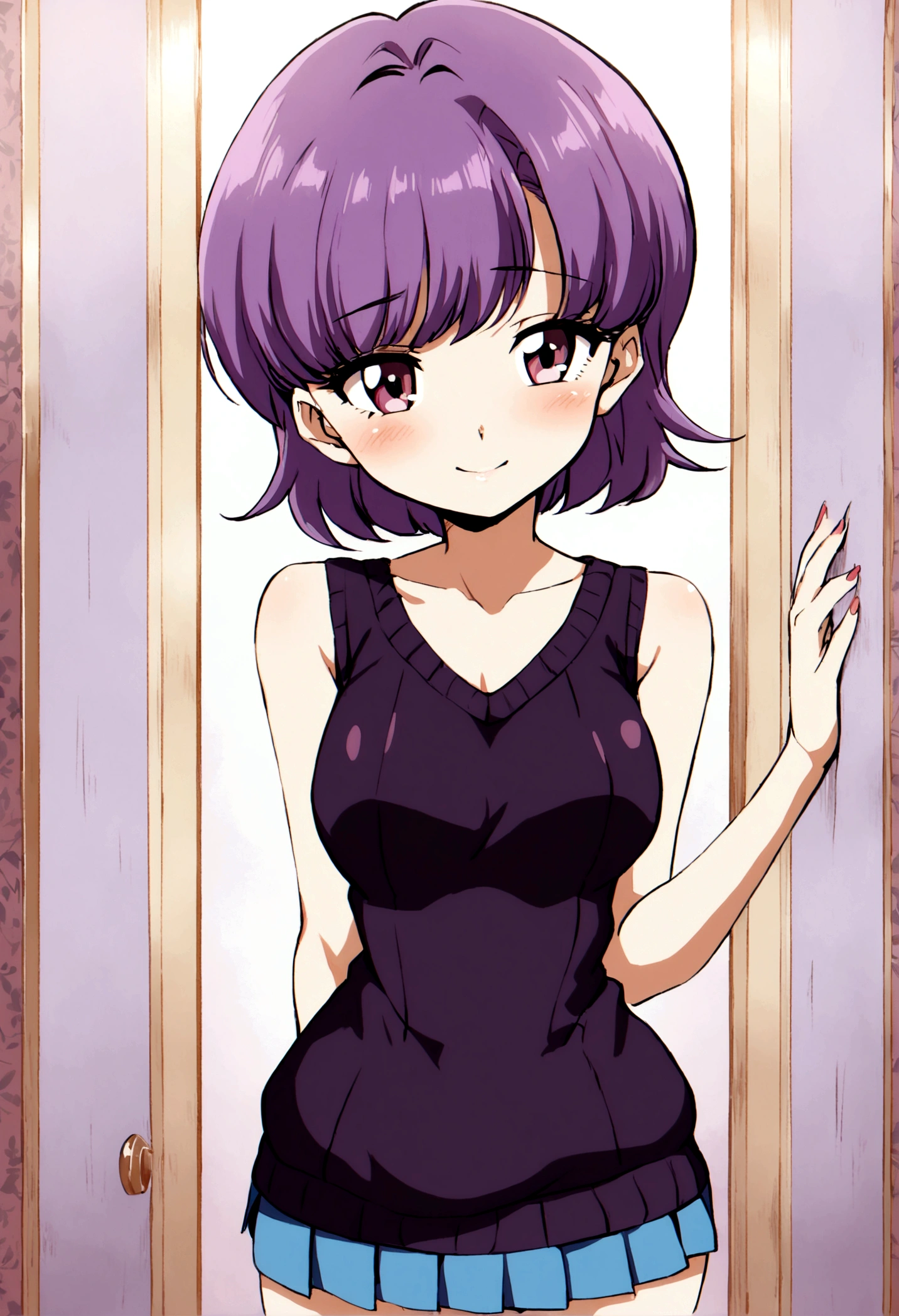 1 girl, Young ager, retro anime style, lover,short hair ,((purple hair)), shy smile, seductive look, school sweater, short skirt
