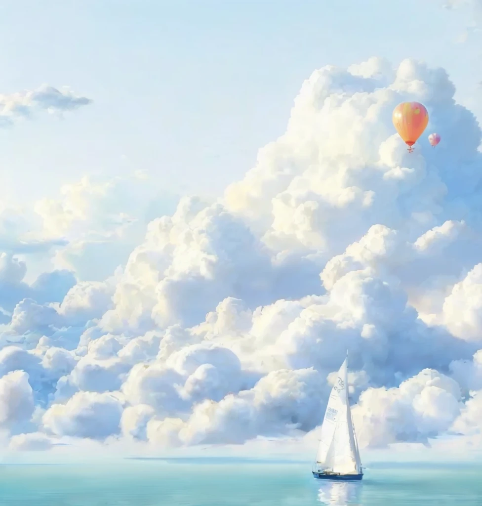 there is a sailboat in the water with a balloon in the sky, amazing wallpaper, clouds. fantasy, inspired by RHADS, high quality desktop wallpaper, 4 k hd illustrative wallpaper, inspired by Vladimir Kush, hd wallpaper, by Alexander Kucharsky, magic realism matte painting, in white clouds fairyland, high quality wallpaper, beautiful wallpaper, rhads!