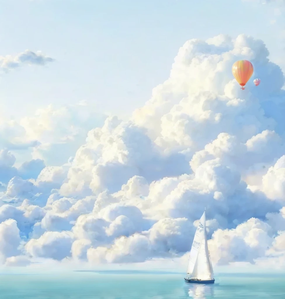 there is a sailboat in the water with a balloon in the sky, amazing wallpaper, clouds. fantasy, inspired by RHADS, high quality desktop wallpaper, 4 k hd illustrative wallpaper, inspired by Vladimir Kush, hd wallpaper, by Alexander Kucharsky, magic realism matte painting, in white clouds fairyland, high quality wallpaper, beautiful wallpaper, rhads!