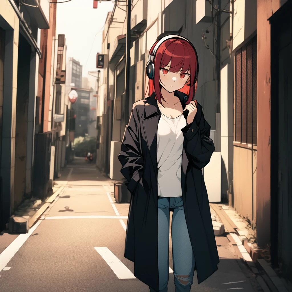 Tokyo Revengers screenshot. girl, long straight black hair with red and white highlights and bangs. She has red eyes and has a serious expression, while she held a book in her hand. She is dressed in a black trench coat with urban details, underneath she has a loose white t-shirt and baggy jeans, and she is wearing headphones. She is standing in an alley at night. Tokyo Revengers drawing style.