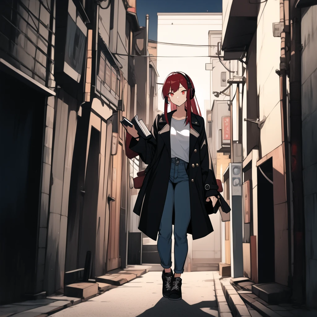 Tokyo Revengers screenshot.  girl, long straight black hair with red and white highlights and bangs. She has red eyes and has a serious expression, while she held a book in her hand. She is dressed in a black trench coat with urban details, underneath she has a loose white t-shirt and baggy jeans, and she is wearing headphones. She is standing in an alley at night. Tokyo Revengers drawing style.