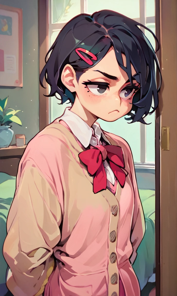 (score_9, score_8_up), score_7_up, score_6_up, score_5_up, score_4_up, Zenko, 1girl, black hair, half-length portrait, hair ornament, hairclip, black eyes, short hair, beige cardigan, cardigan, pink dress, red ribbon, standing, hands behind back, looking away, pout, white socks, black footwear, cheeks, pout, indoors, bedroom, close-up xaxaxa