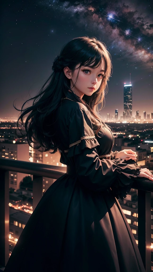  A woman stands against the night sky, Create a beautiful and romantic scene with the cityscape as the backdrop, Night sky and city lights in the background、It adds a mystical atmosphere to the romantic scenery at the top of the building.。, (RAW Photos, Highest quality), (8K, Highest quality, masterpiece: 1.2), Very detailed, Super Resolution