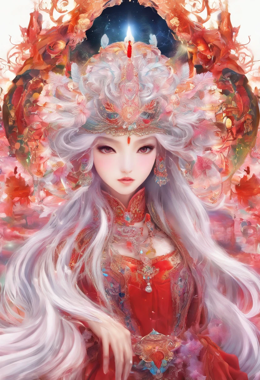 best quality,masterpiece,Ultra-high resolution,(photoactual:1.4),beautiful_Face,Twenty-five--old oriental nine-tailed fairy fox woman,bright eyes,cleavage,Long silver hair above the waist,Wearing ancient fairy costume(Bright 1:0),Walking in Zijing City,night,bright lights